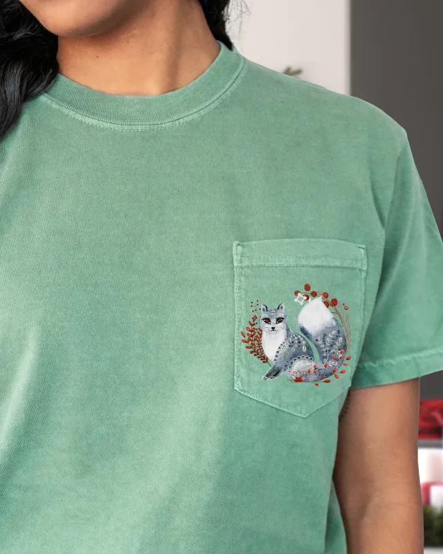 Christmas Fox, Pocket, Folk Art, Santa, Winter, Snow, Xmas, Flowers, Floral Pocket Tee Comfort Colors T-Shirt sold by Refinery Number One