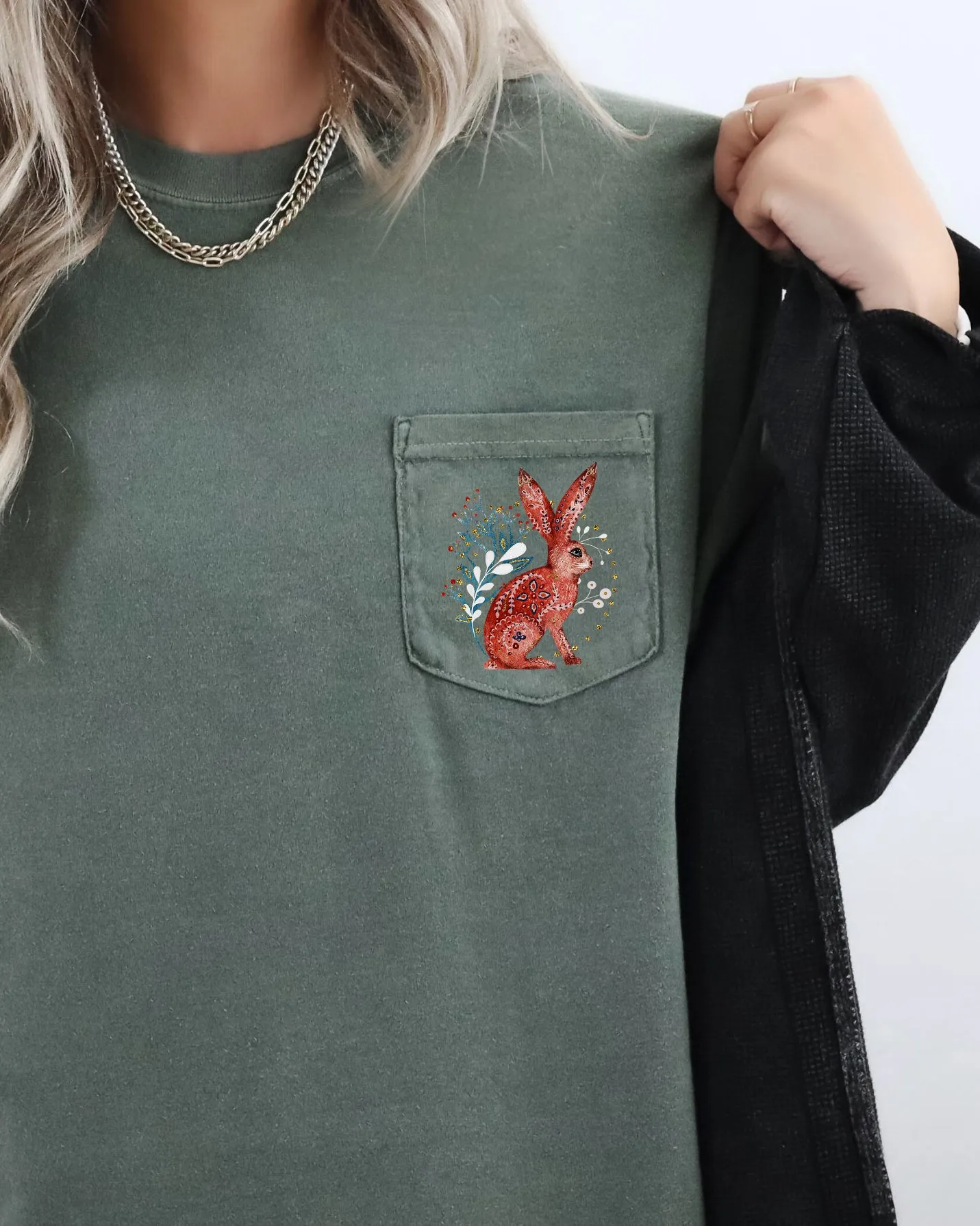 Christmas Rabbit, Pocket, Folk Art, Santa, Winter, Snow, Xmas, Flowers, Floral Pocket Tee Comfort Colors T-Shirt sold by Refinery Number One product image thumbnail 5
