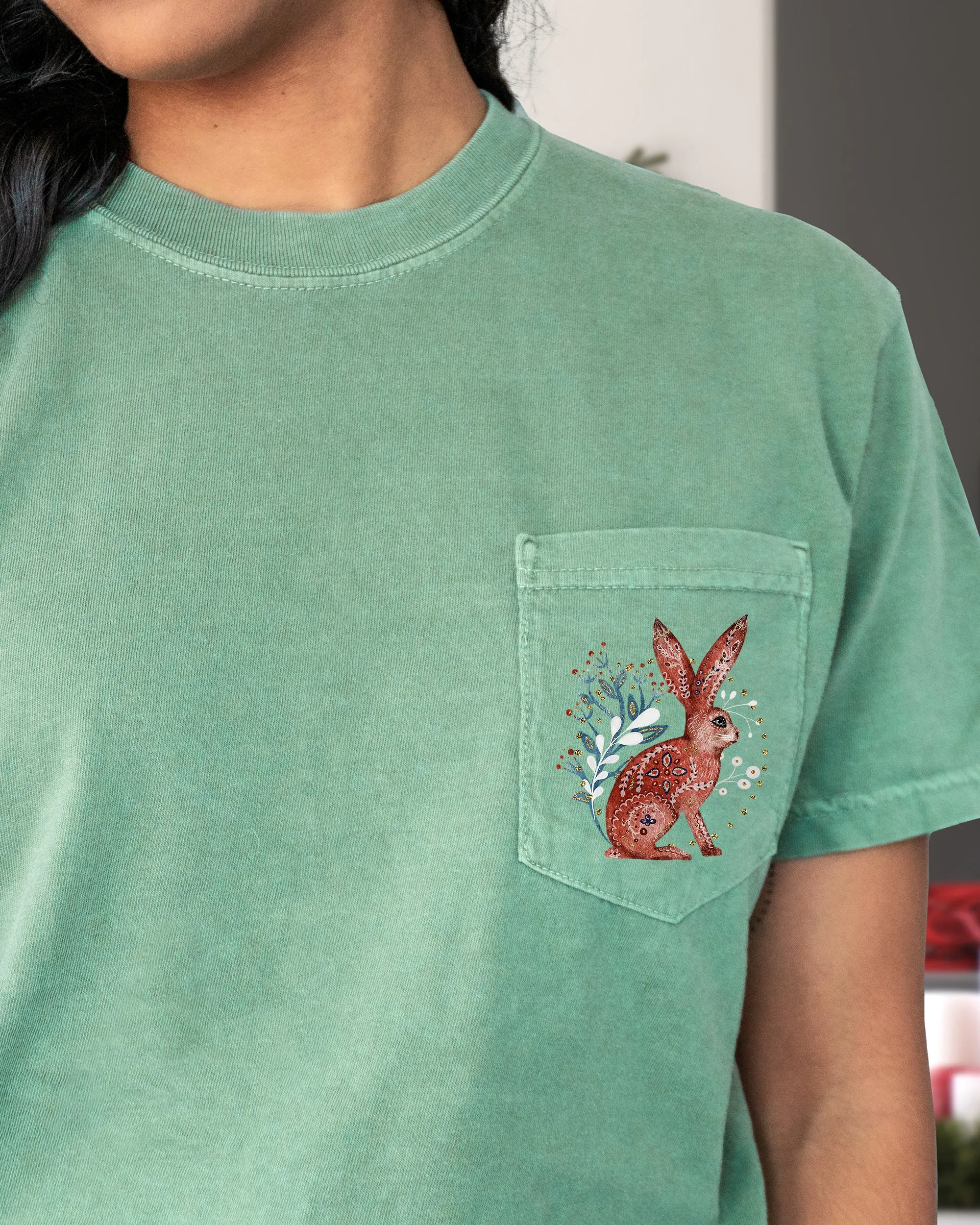 Christmas Rabbit, Pocket, Folk Art, Santa, Winter, Snow, Xmas, Flowers, Floral Pocket Tee Comfort Colors T-Shirt sold by Refinery Number One