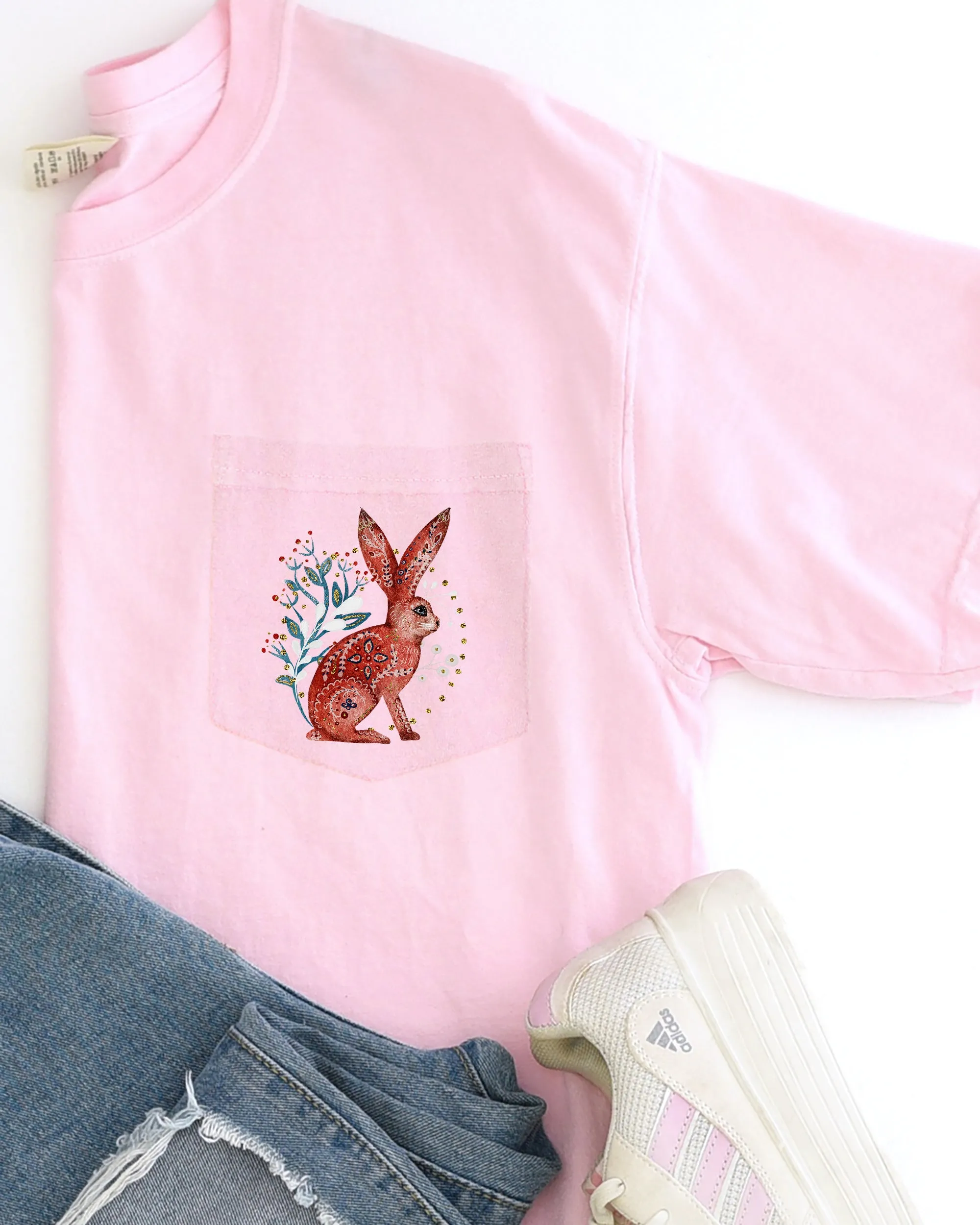 Christmas Rabbit, Pocket, Folk Art, Santa, Winter, Snow, Xmas, Flowers, Floral Pocket Tee Comfort Colors T-Shirt sold by Refinery Number One product image thumbnail 3