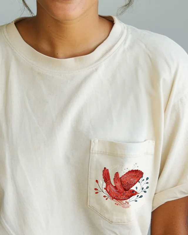 Christmas Red Bird, Pocket, Folk Art, Santa, Winter, Snow, Xmas, Flowers, Floral Pocket Tee Comfort Colors T-Shirt sold by Refinery Number One
