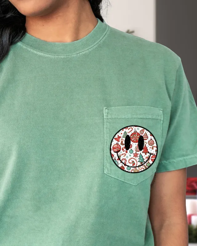 Christmas Retro Smiley, Pocket, Winter, Snow, Santa, Xmas Pocket Tee Comfort Colors T-Shirt sold by Refinery Number One