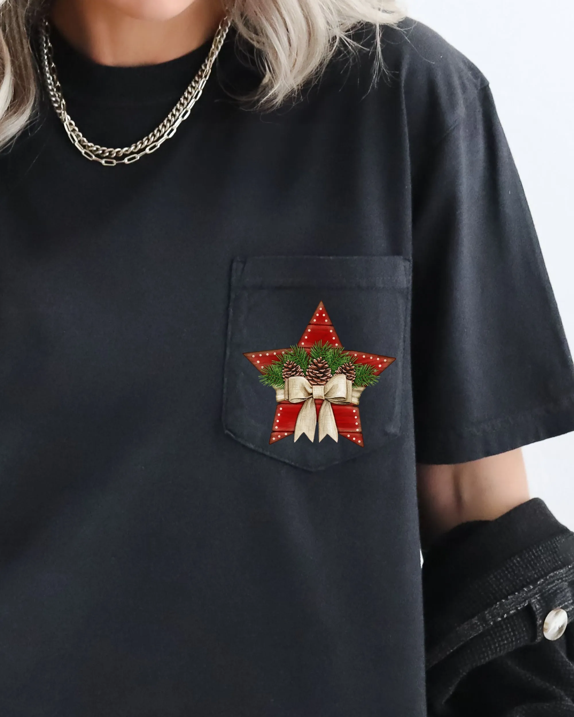 Christmas Star, Pocket, Pine Cones, Ribbon, Winter, Snow, Country, Santa, Xmas Pocket Tee Comfort Colors T-Shirt sold by Refinery Number One product image thumbnail 5