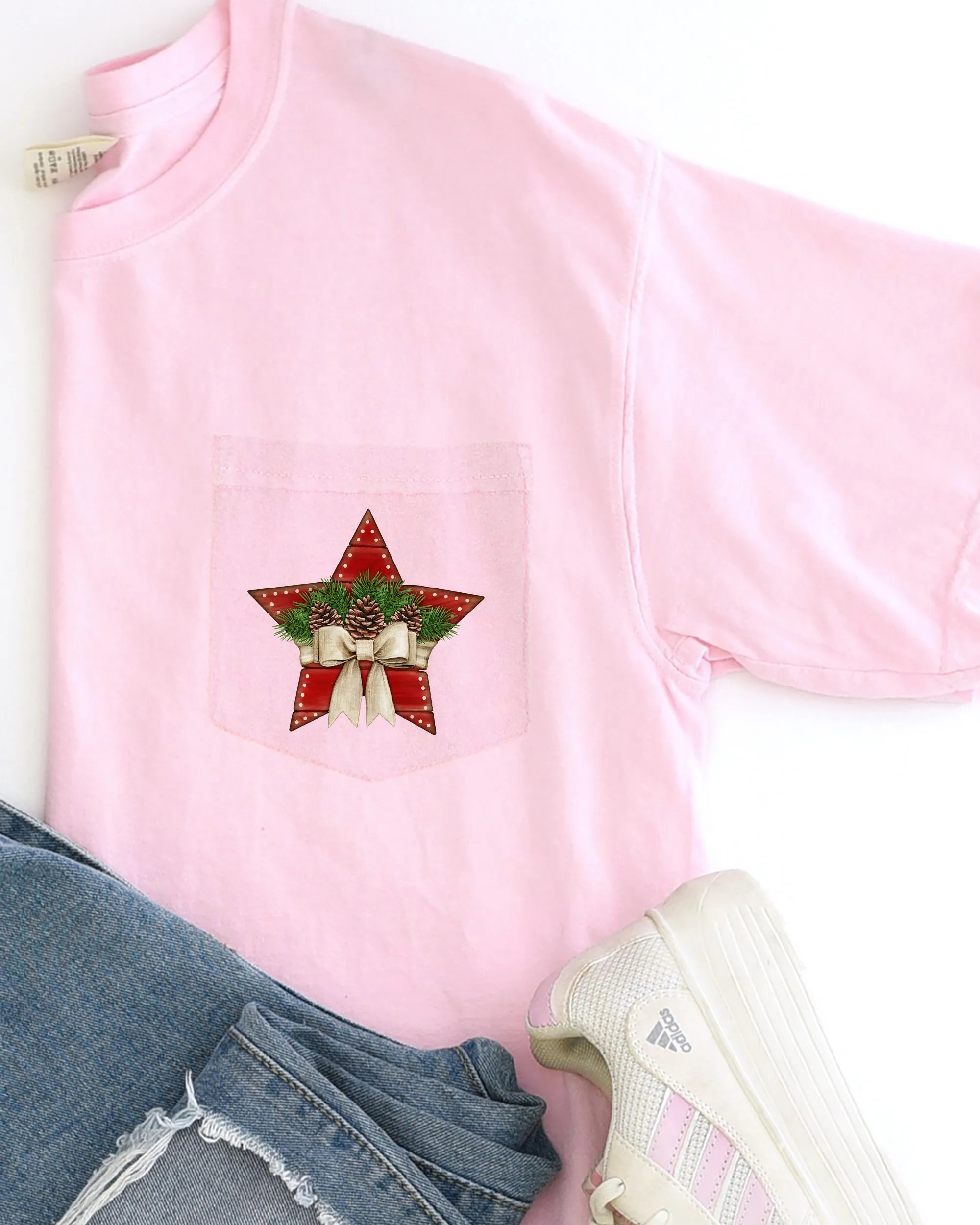 Christmas Star, Pocket, Pine Cones, Ribbon, Winter, Snow, Country, Santa, Xmas Pocket Tee Comfort Colors T-Shirt sold by Refinery Number One product image thumbnail 4