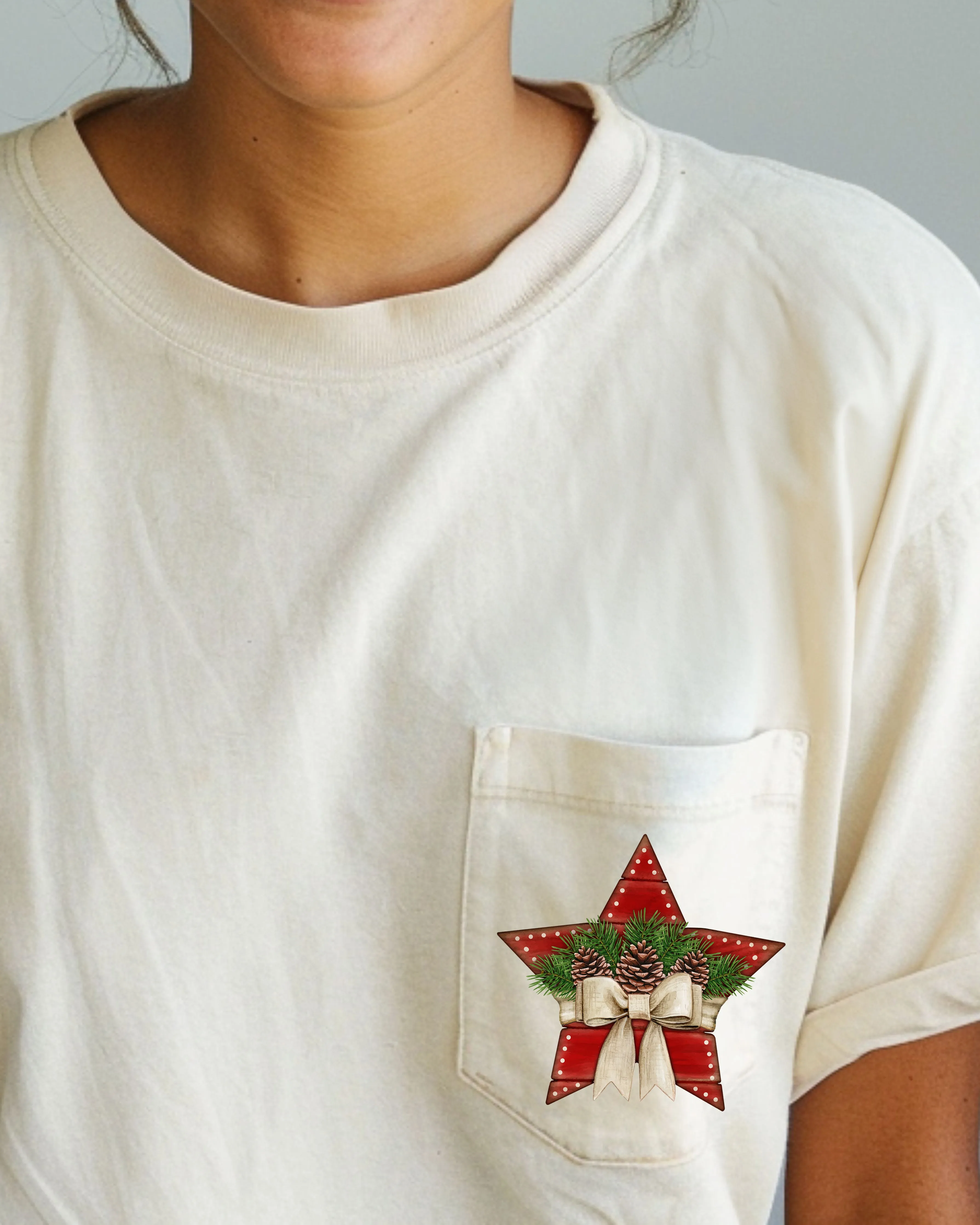 Christmas Star, Pocket, Pine Cones, Ribbon, Winter, Snow, Country, Santa, Xmas Pocket Tee Comfort Colors T-Shirt sold by Refinery Number One product image thumbnail 3