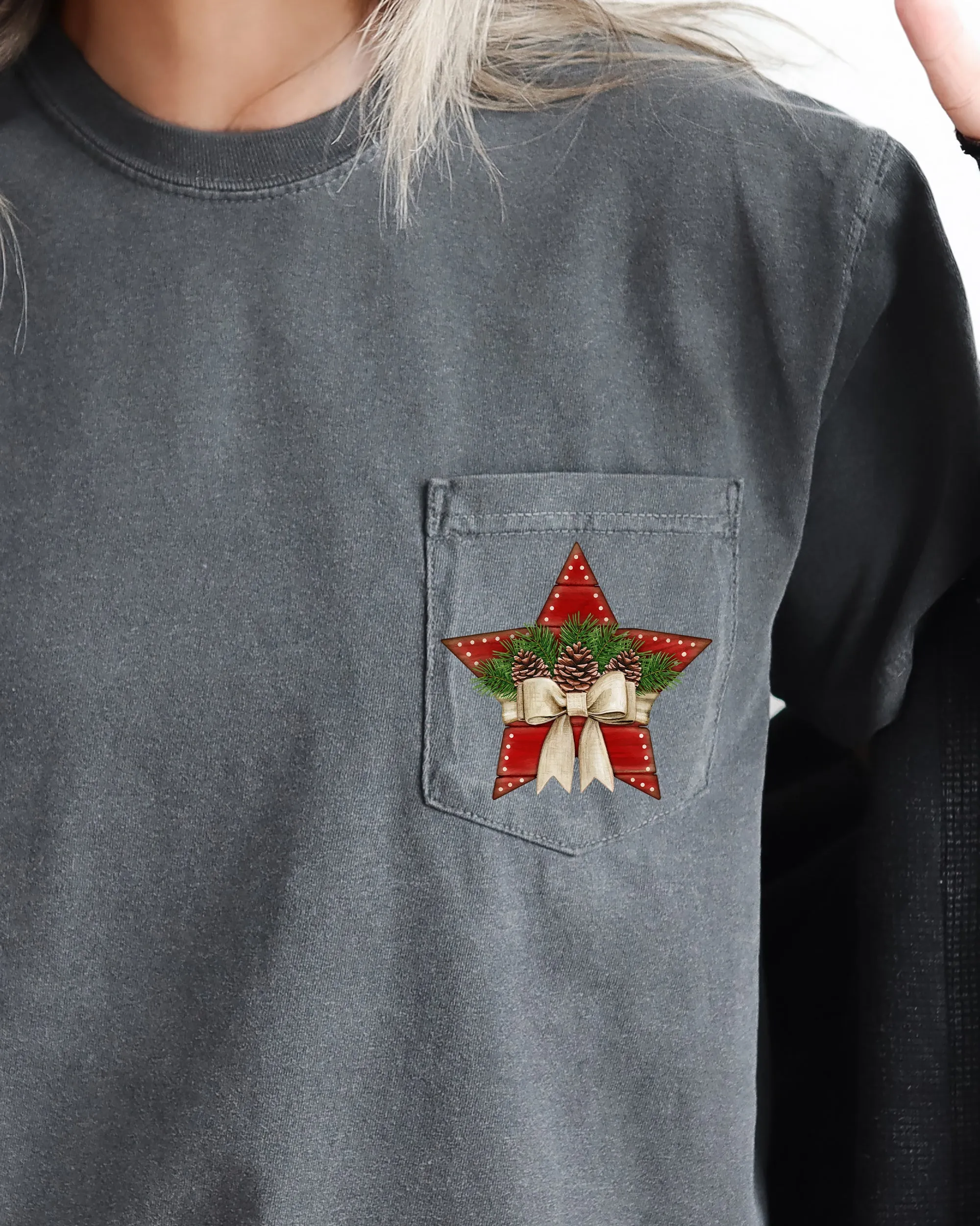 Christmas Star, Pocket, Pine Cones, Ribbon, Winter, Snow, Country, Santa, Xmas Pocket Tee Comfort Colors T-Shirt sold by Refinery Number One product image thumbnail 2