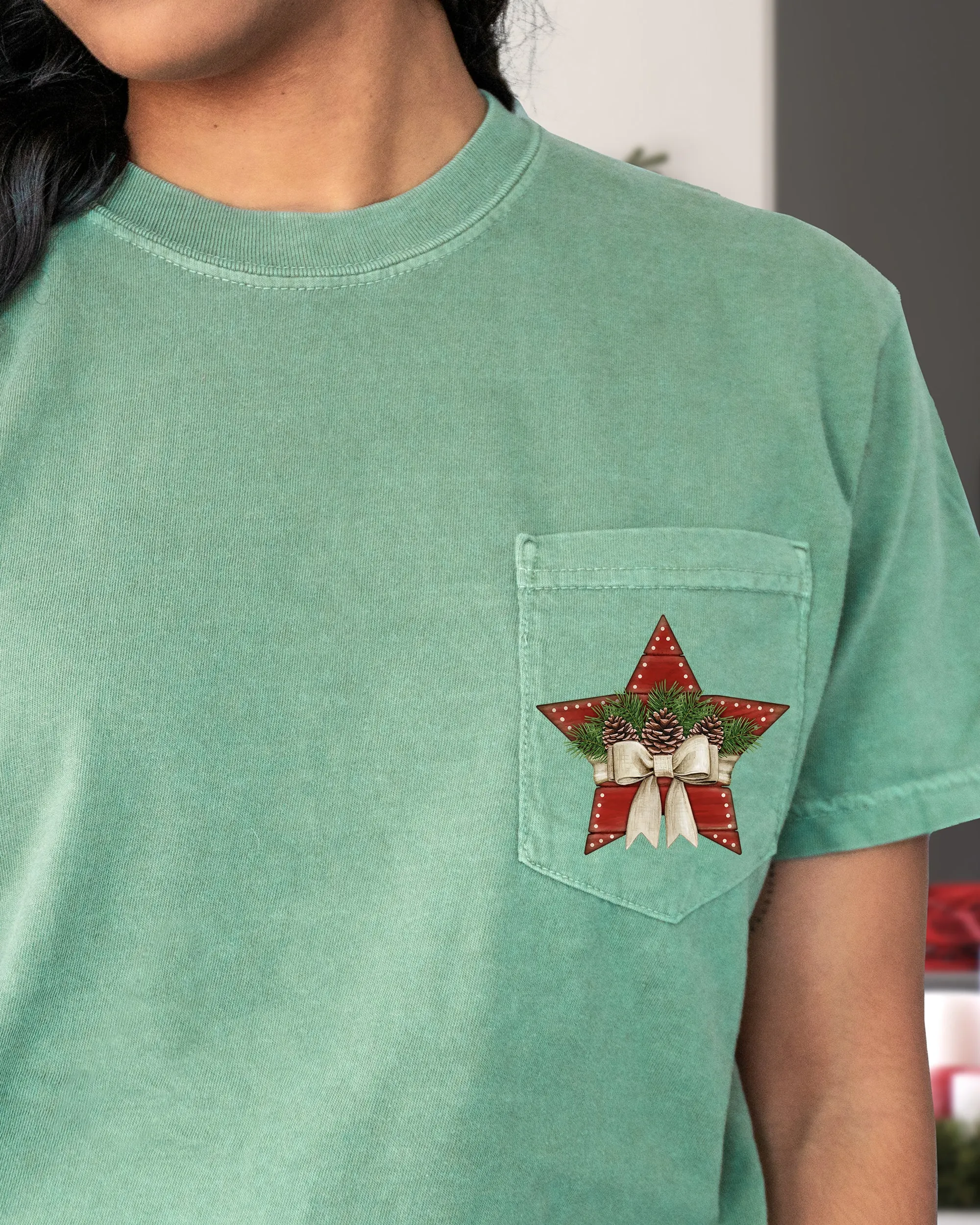Christmas Star, Pocket, Pine Cones, Ribbon, Winter, Snow, Country, Santa, Xmas Pocket Tee Comfort Colors T-Shirt sold by Refinery Number One