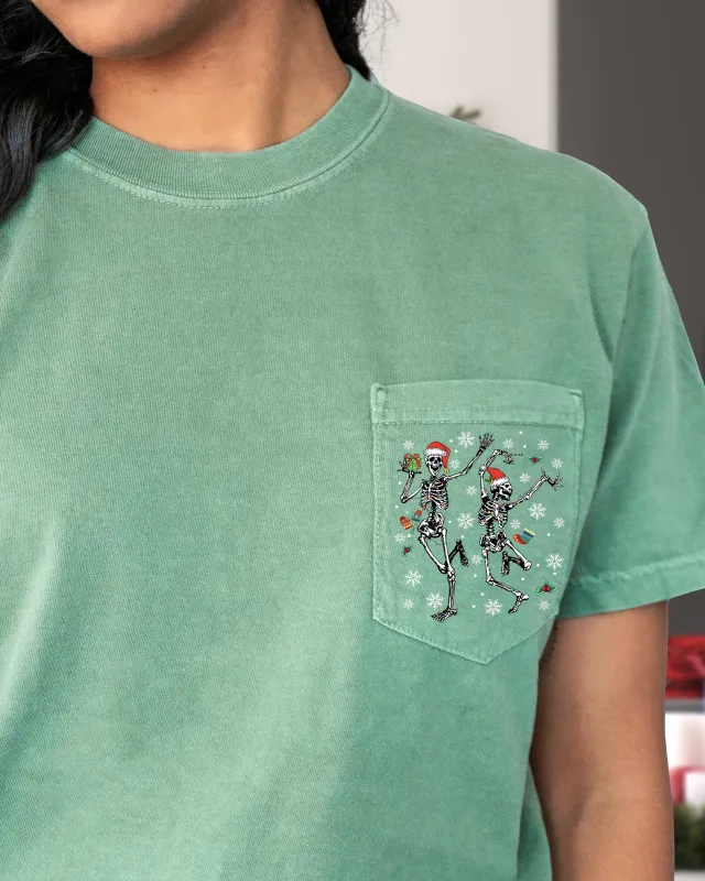 Dancing Skeletons, Pocket, Presents, Snow, Christmas, Santa, Winter, Xmas Pocket Tee Comfort Colors T-Shirt sold by Refinery Number One