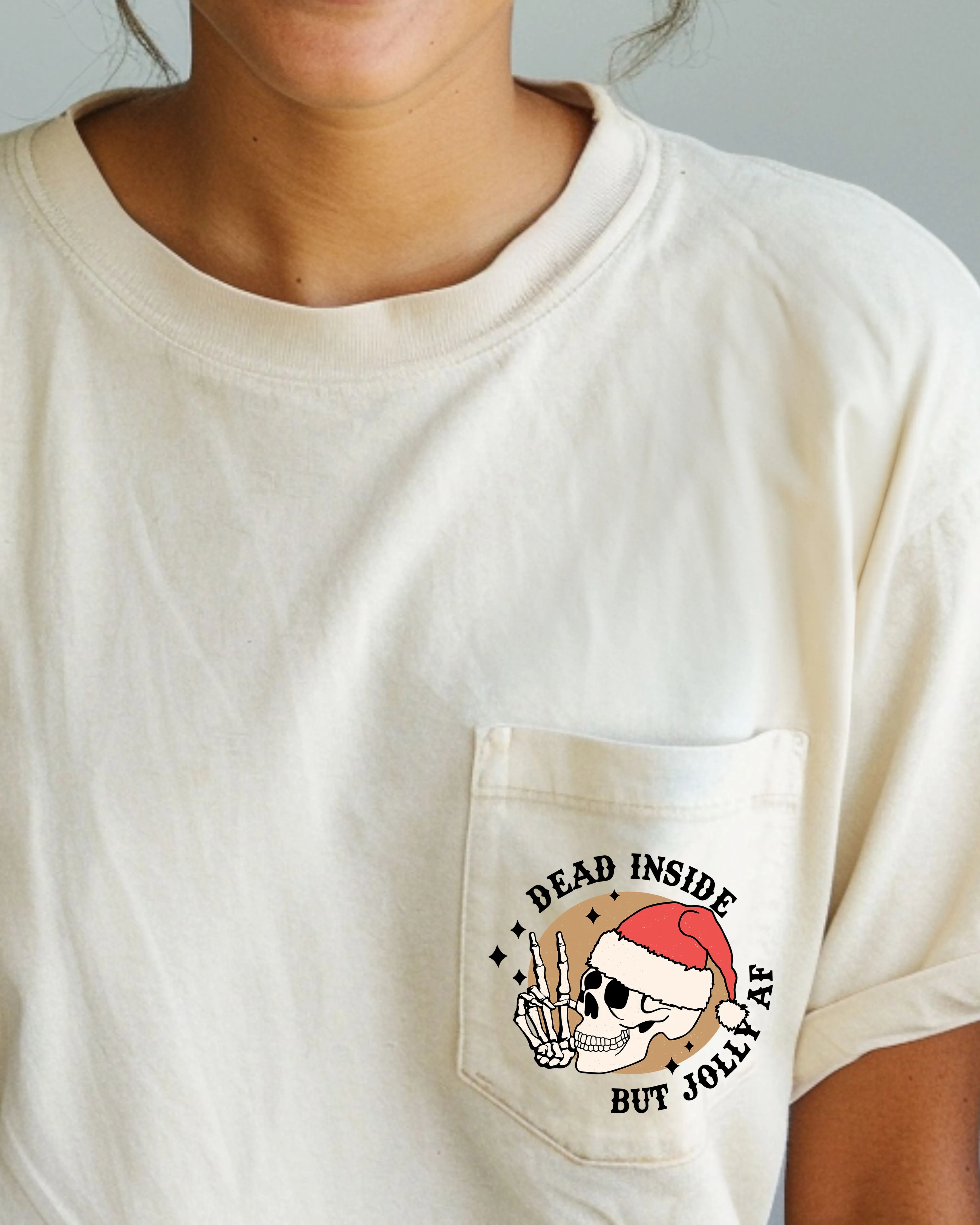 Dead Inside But Jolly , Pocket, Skeleton, Christmas, Santa, Snow, Winter, Xmas Pocket Tee Comfort Colors T-Shirt sold by Refinery Number One product image thumbnail 2
