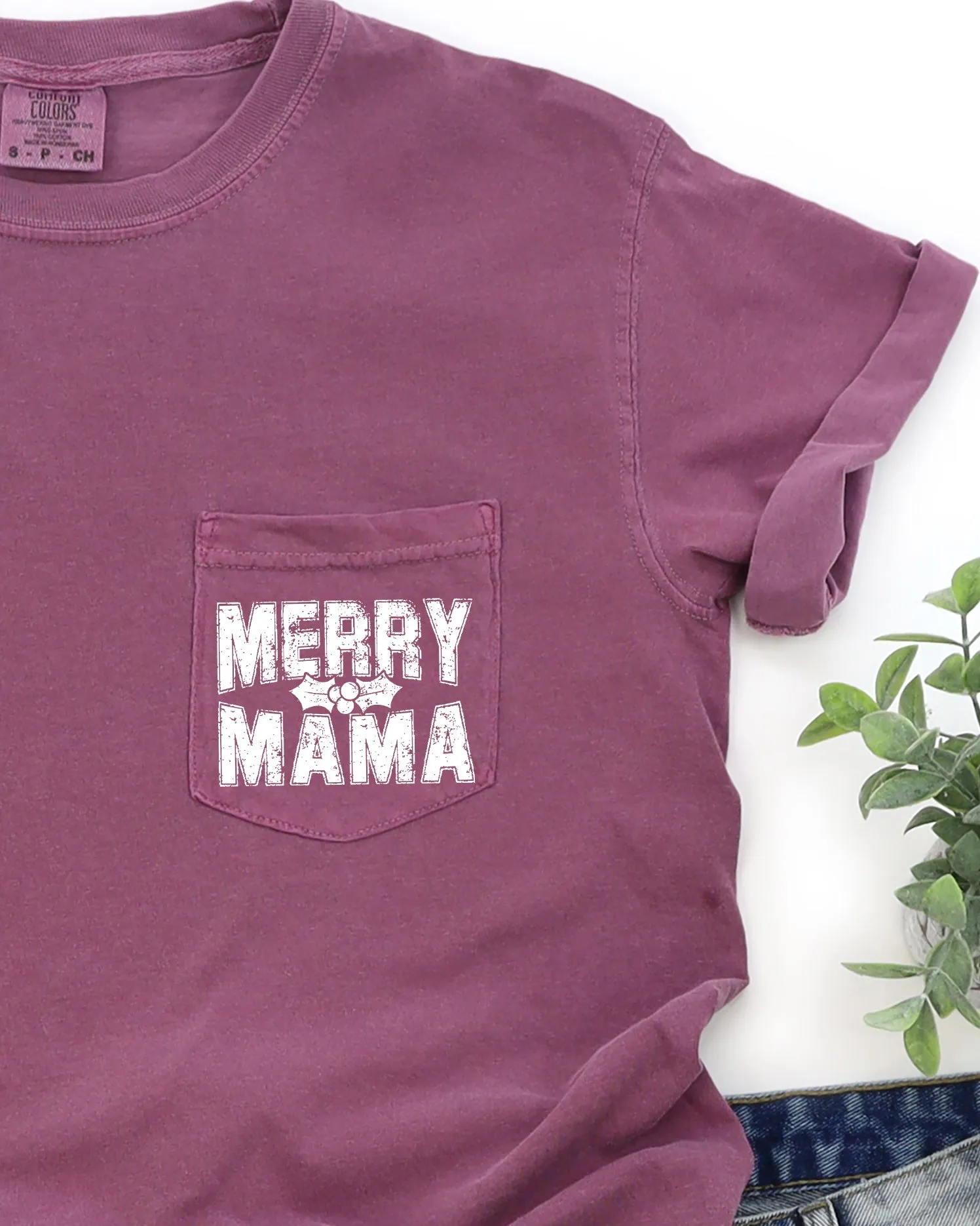 Merry Mama, Pocket, Christmas, Winter, Santa, Snow, Xmas Pocket Tee Comfort Colors T-Shirt sold by Refinery Number One product image thumbnail 3