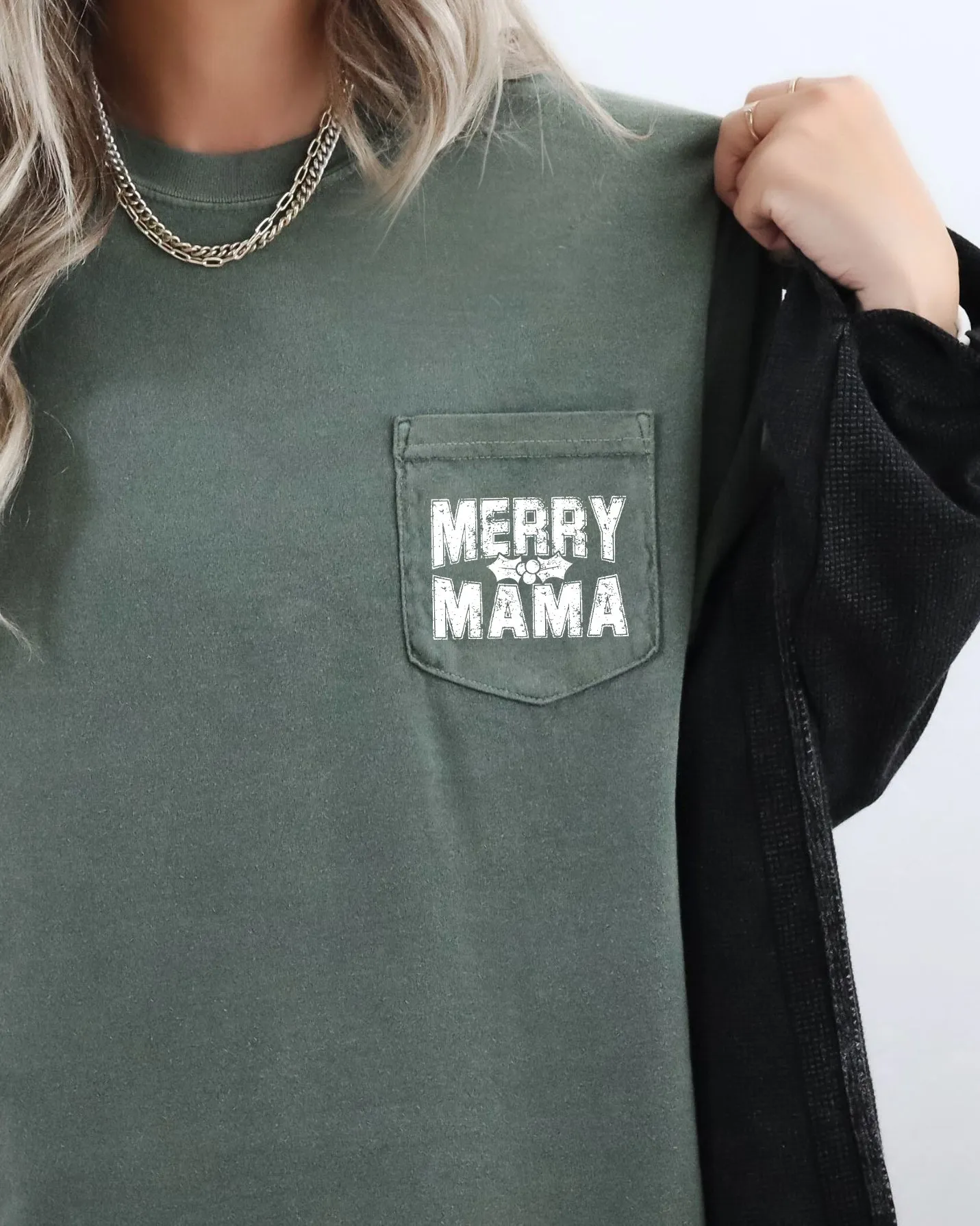 Merry Mama, Pocket, Christmas, Winter, Santa, Snow, Xmas Pocket Tee Comfort Colors T-Shirt sold by Refinery Number One product image thumbnail 4