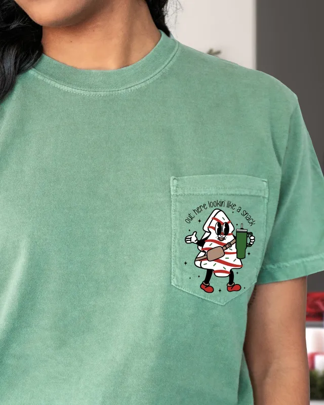 Out Here Looking Like A Snack, Pocket, Christmas Cake, Water Bottle, Boujie, Boujee, Winter, Santa, Snow, Xmas Pocket Tee Comfort Colors T-Shirt sold by Refinery Number One