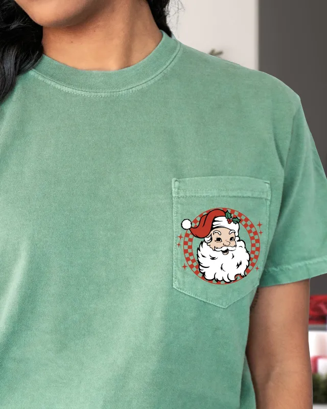 Retro Checkered Santa, Pocket, Christmas, Snow, Winter, Xmas Pocket Tee Comfort Colors T-Shirt sold by Refinery Number One