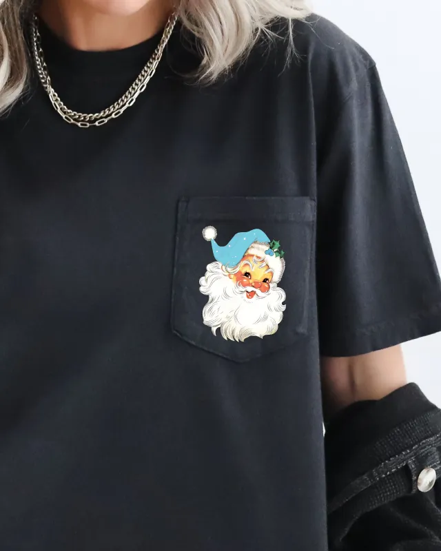 Retro Santa, Pocket, Blue Hat, Christmas, Winter, Snow, Xmas Pocket Tee Comfort Colors T-Shirt sold by Refinery Number One