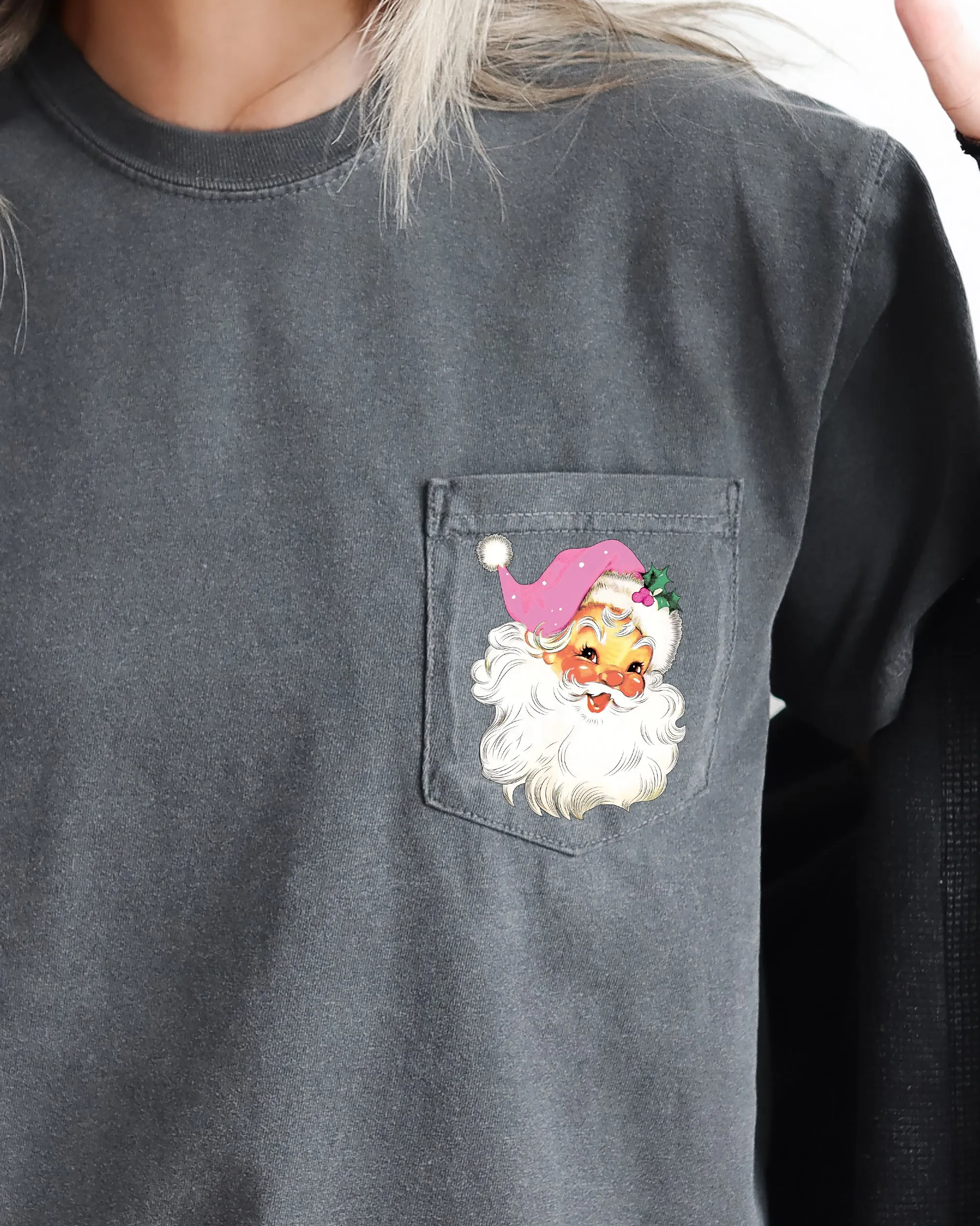 Retro Santa, Pocket, Pink Hat, Christmas, Winter, Snow, Xmas Pocket Tee Comfort Colors T-Shirt sold by Refinery Number One