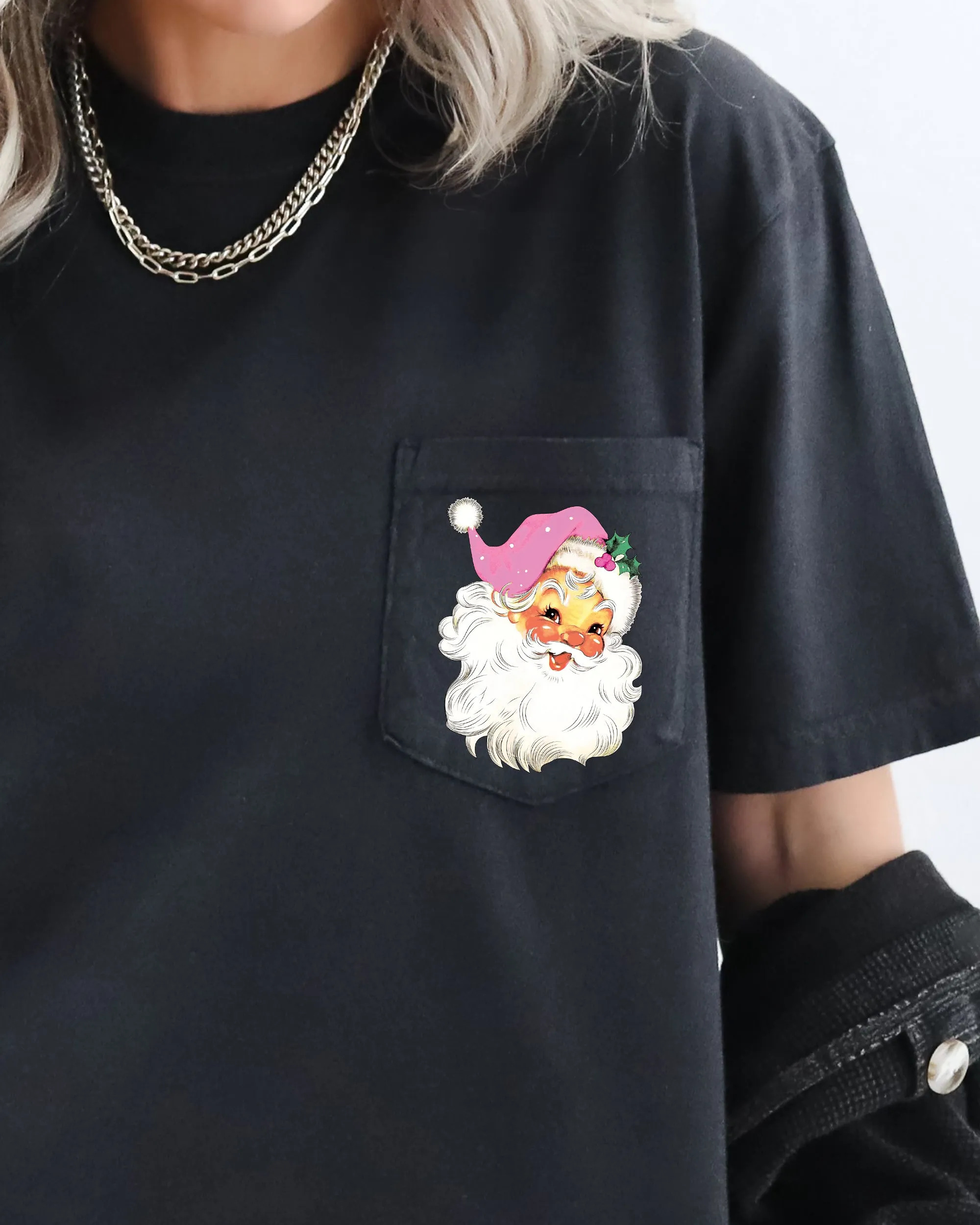 Retro Santa, Pocket, Pink Hat, Christmas, Winter, Snow, Xmas Pocket Tee Comfort Colors T-Shirt sold by Refinery Number One product image thumbnail 3