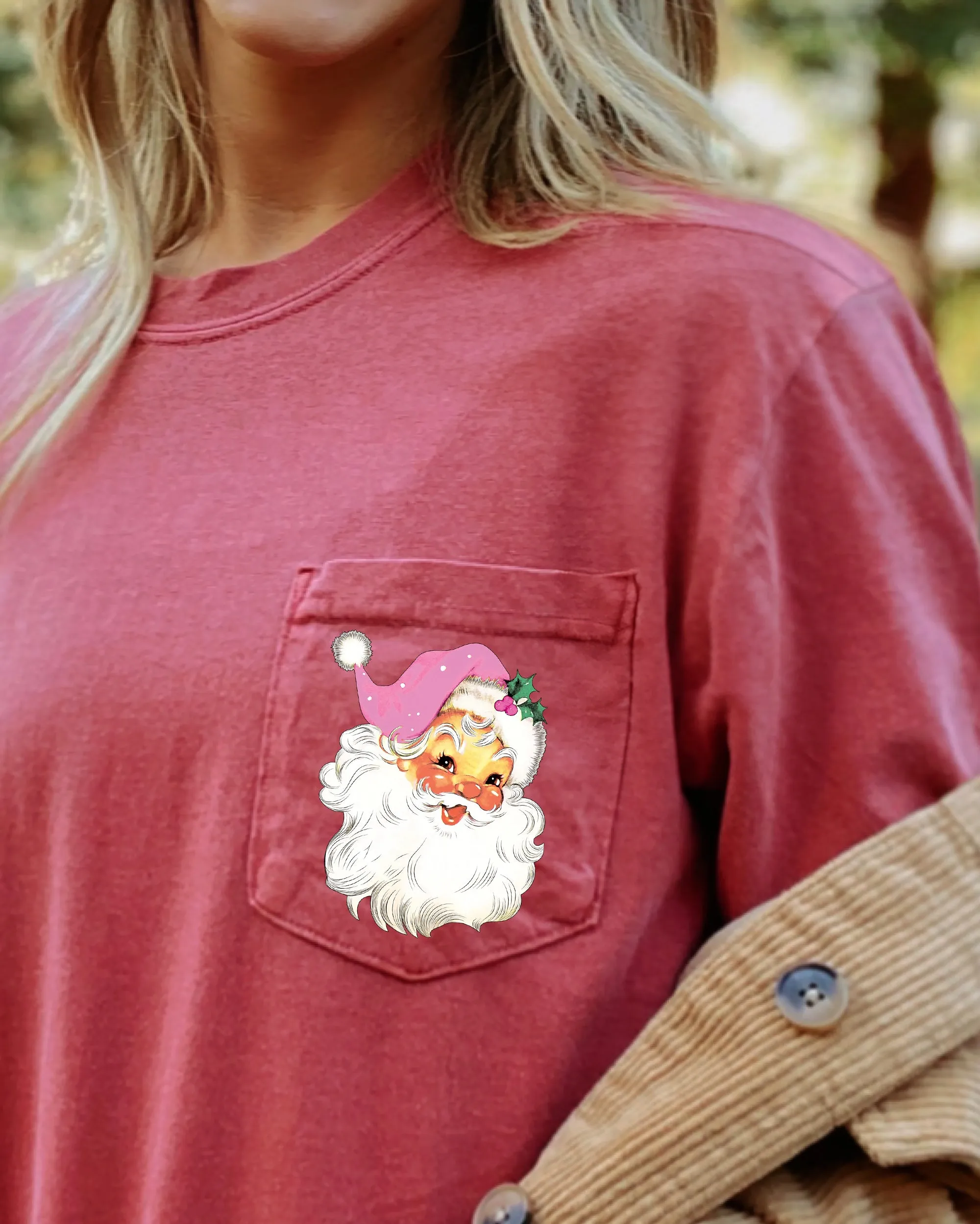 Retro Santa, Pocket, Pink Hat, Christmas, Winter, Snow, Xmas Pocket Tee Comfort Colors T-Shirt sold by Refinery Number One product image thumbnail 4