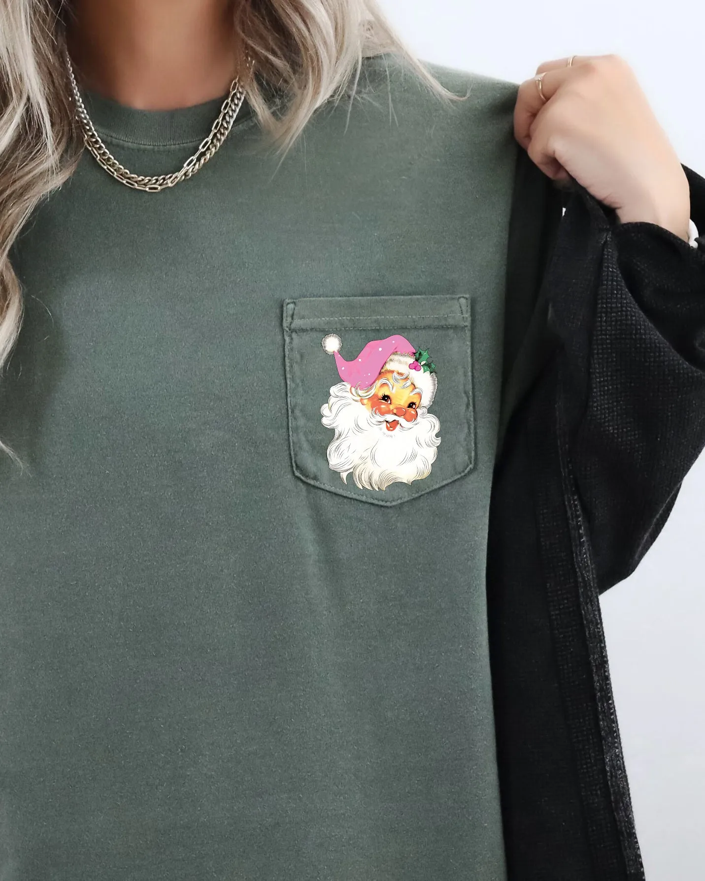 Retro Santa, Pocket, Pink Hat, Christmas, Winter, Snow, Xmas Pocket Tee Comfort Colors T-Shirt sold by Refinery Number One product image thumbnail 5