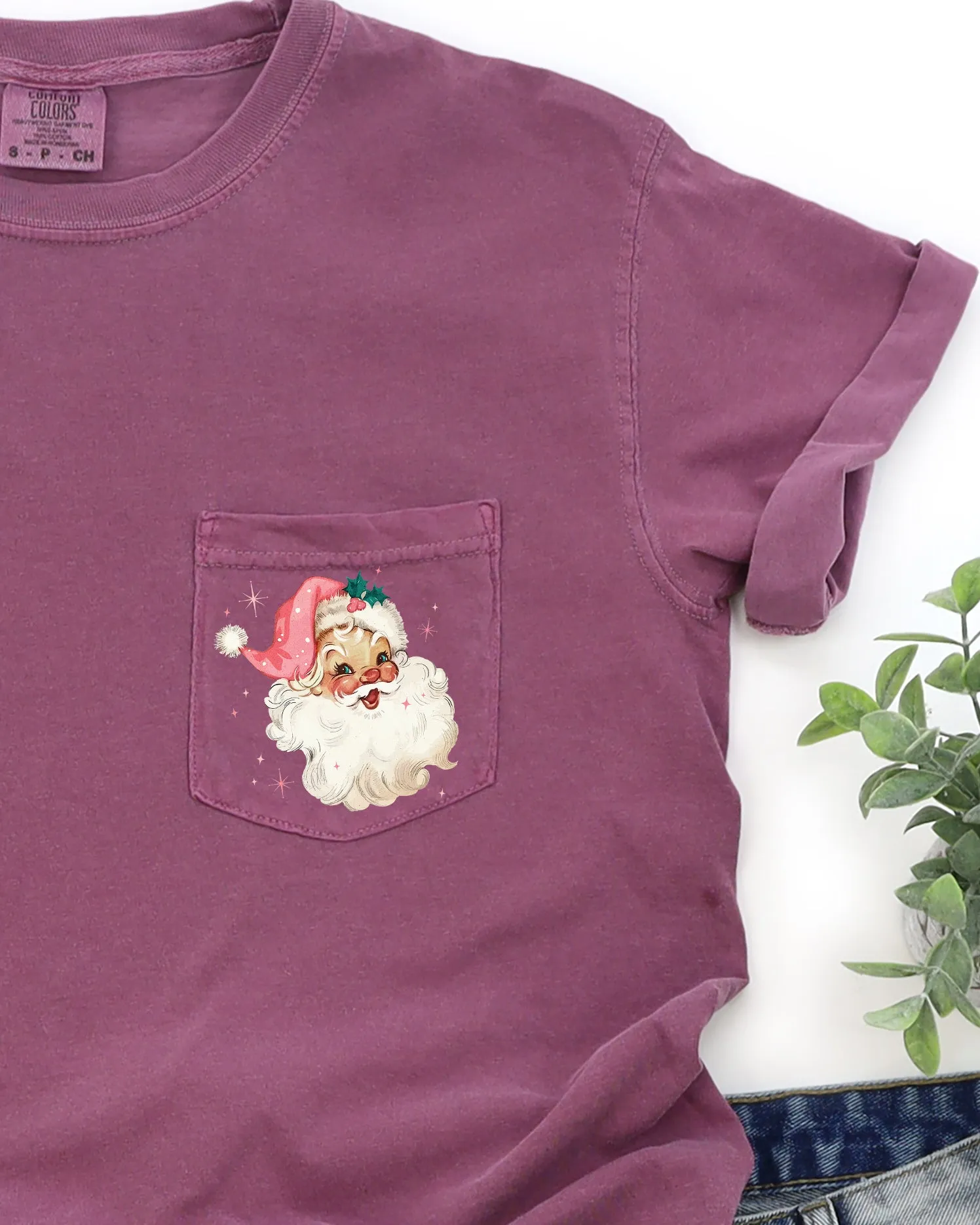 Retro Santa, Sparkles, Pocket, Pink Hat, Christmas, Winter, Snow, Xmas Pocket Tee Comfort Colors T-Shirt sold by Refinery Number One product image thumbnail 2