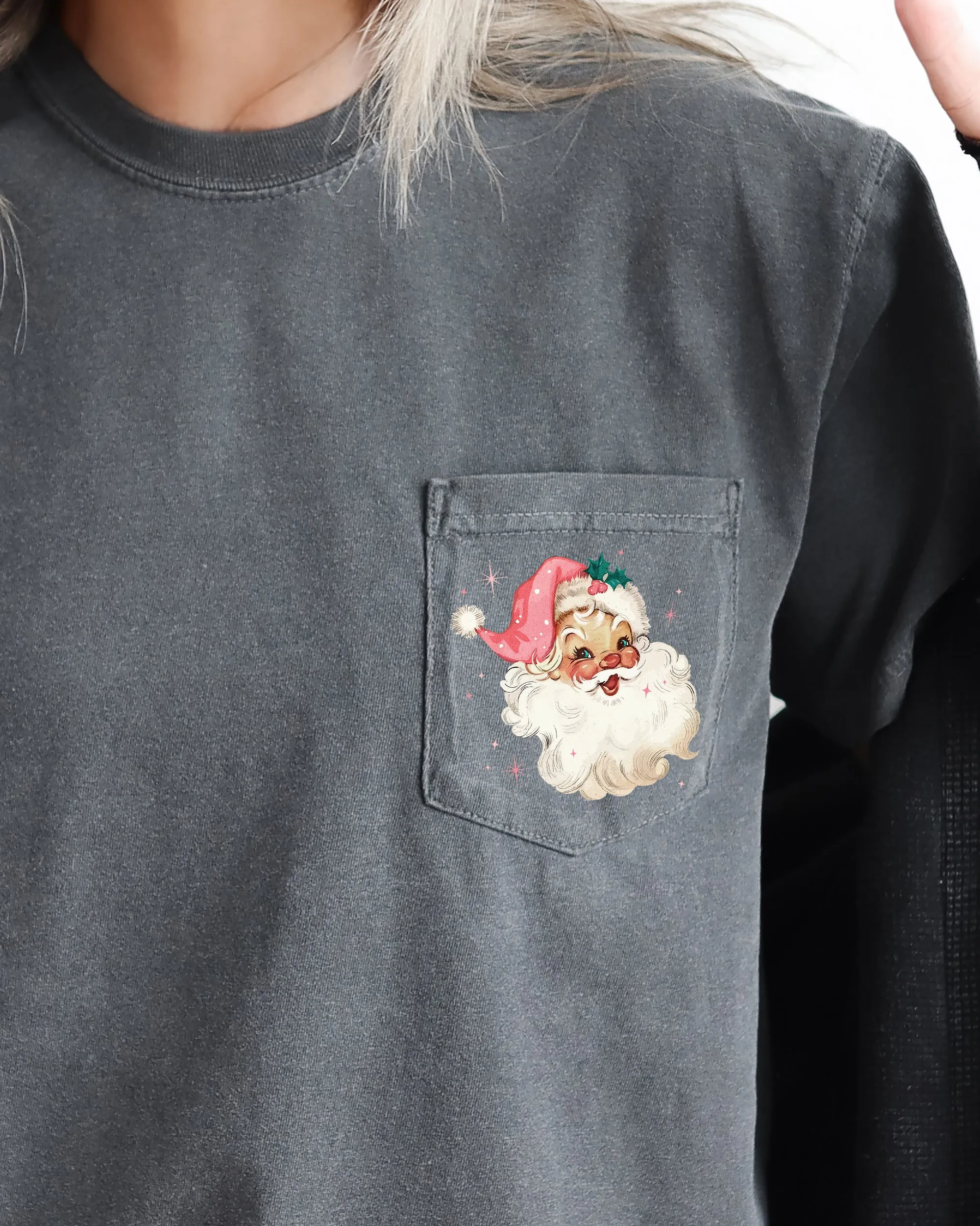 Retro Santa, Sparkles, Pocket, Pink Hat, Christmas, Winter, Snow, Xmas Pocket Tee Comfort Colors T-Shirt sold by Refinery Number One