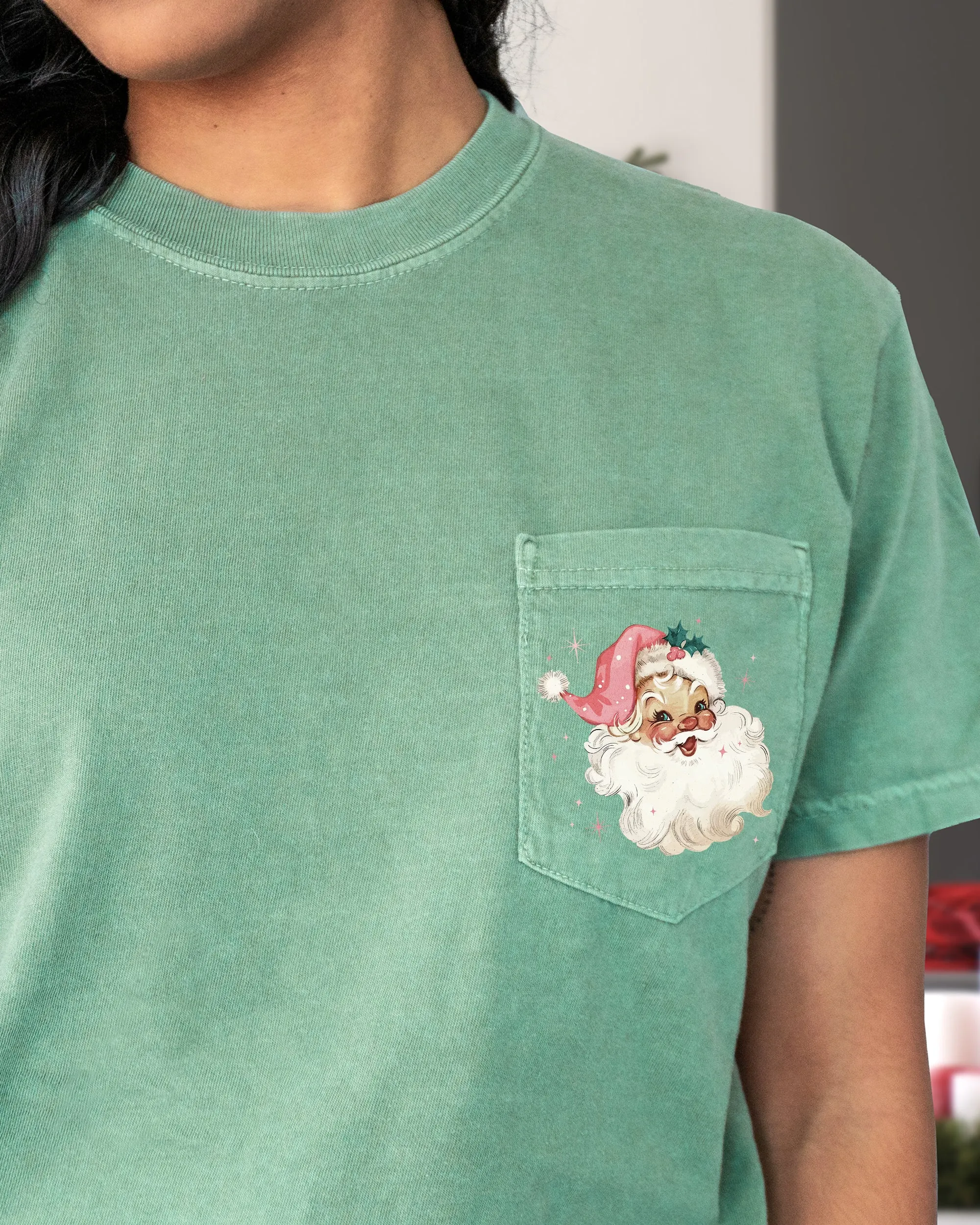 Retro Santa, Sparkles, Pocket, Pink Hat, Christmas, Winter, Snow, Xmas Pocket Tee Comfort Colors T-Shirt sold by Refinery Number One product image thumbnail 5