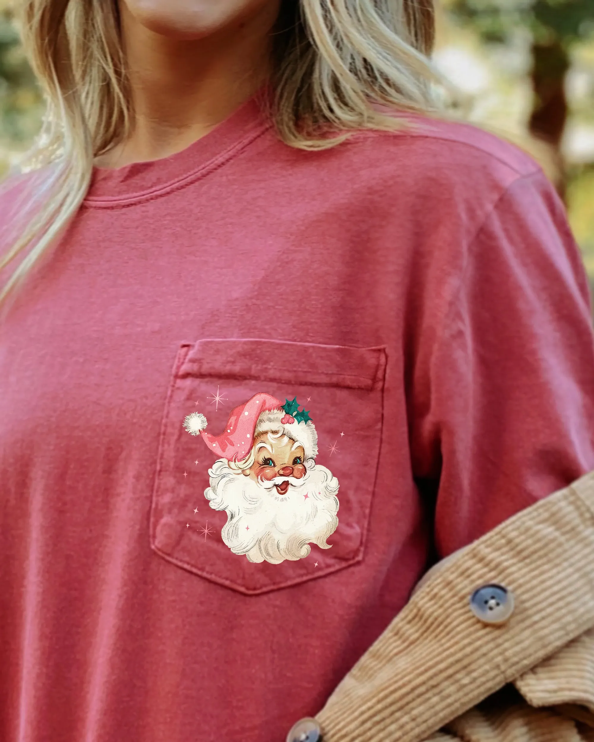 Retro Santa, Sparkles, Pocket, Pink Hat, Christmas, Winter, Snow, Xmas Pocket Tee Comfort Colors T-Shirt sold by Refinery Number One product image thumbnail 3