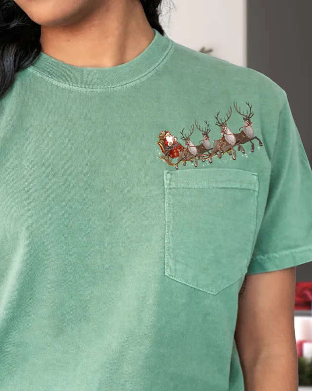 Santa Sleigh, Reindeer, Pocket, Christmas, Snow, Winter, Xmas Pocket Tee Comfort Colors T-Shirt sold by Refinery Number One