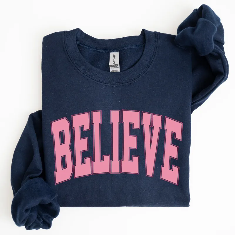 Believe, Varsity, Collegiate, Christmas, Santa, Winter, Xmas Sweatshirt sold by Refinery Number One