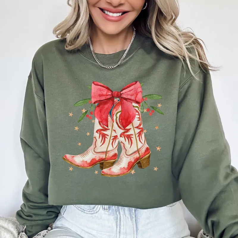 Cowgirl Boots, Cowboy, Bows, Mistletoe, Christmas, Santa, Country, Western, Xmas Sweatshirt sold by Refinery Number One