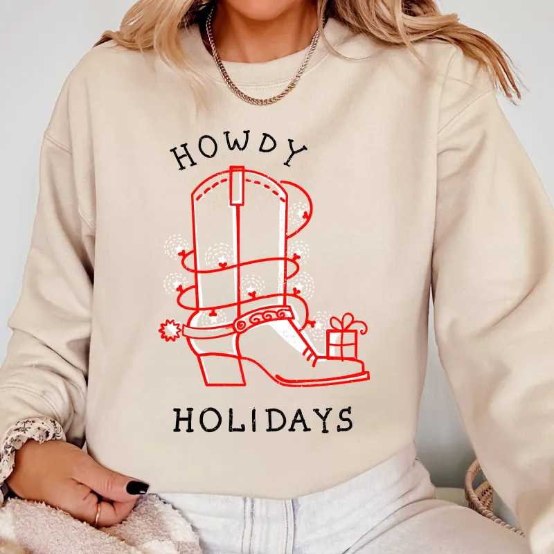 Howdy Holidays, Christmas, Cowboy Boot, Country, Western, Xmas Sweatshirt sold by Refinery Number One