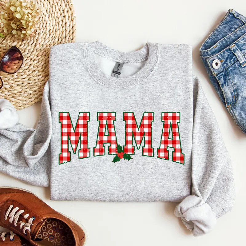 Mama, Red Checkered Christmas Plaid, Holly, Winter, Santa, Xmas Sweatshirt sold by Refinery Number One
