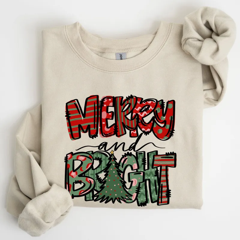 Merry and Bright, Christmas Tree, Colorful, Winter, Xmas, Santa Sweatshirt sold by Refinery Number One