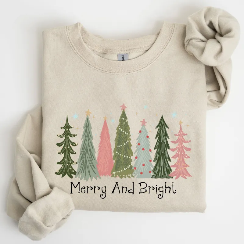 Merry and Bright, Christmas Trees, Winter, Snow, Xmas Sweatshirt sold by Refinery Number One