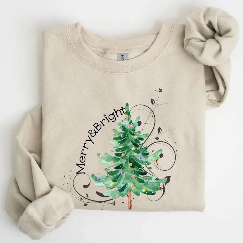 Merry and Bright, Colorful Christmas Tree, Swirls, Santa, Winter, Xmas Sweatshirt sold by Refinery Number One