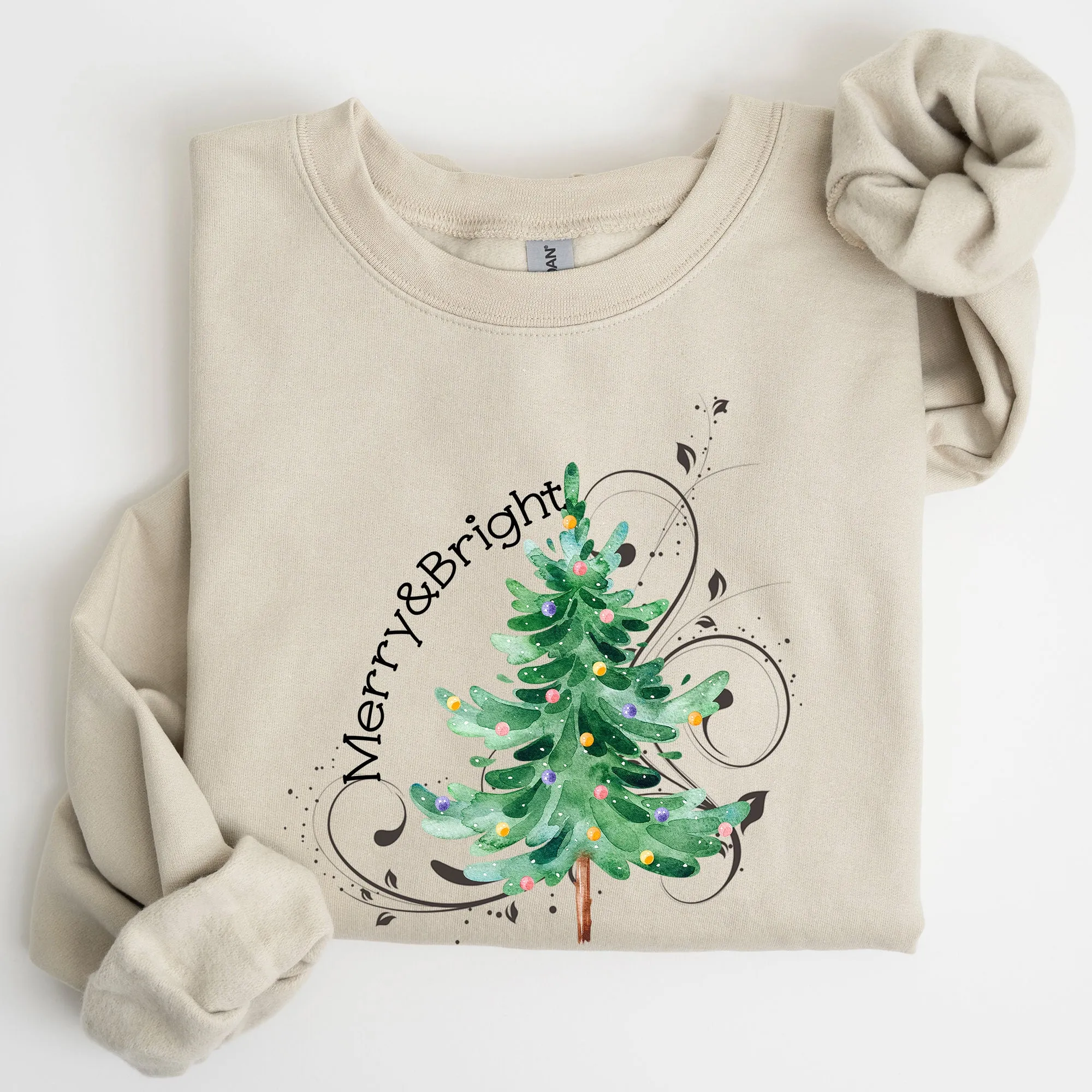 Merry and Bright, Colorful Christmas Tree, Swirls, Santa, Winter, Xmas Sweatshirt sold by Refinery Number One