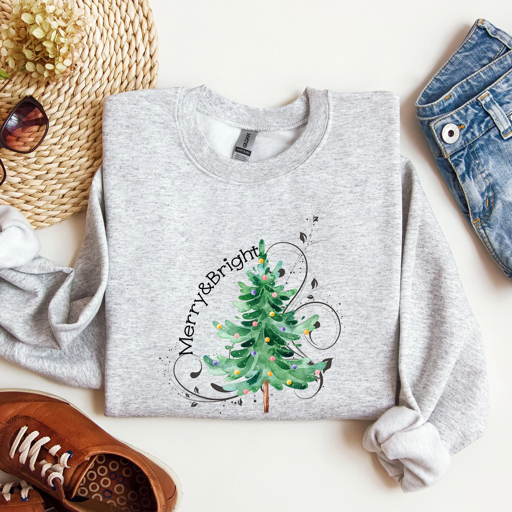 Merry and Bright, Colorful Christmas Tree, Swirls, Santa, Winter, Xmas Sweatshirt sold by Refinery Number One product image thumbnail 3