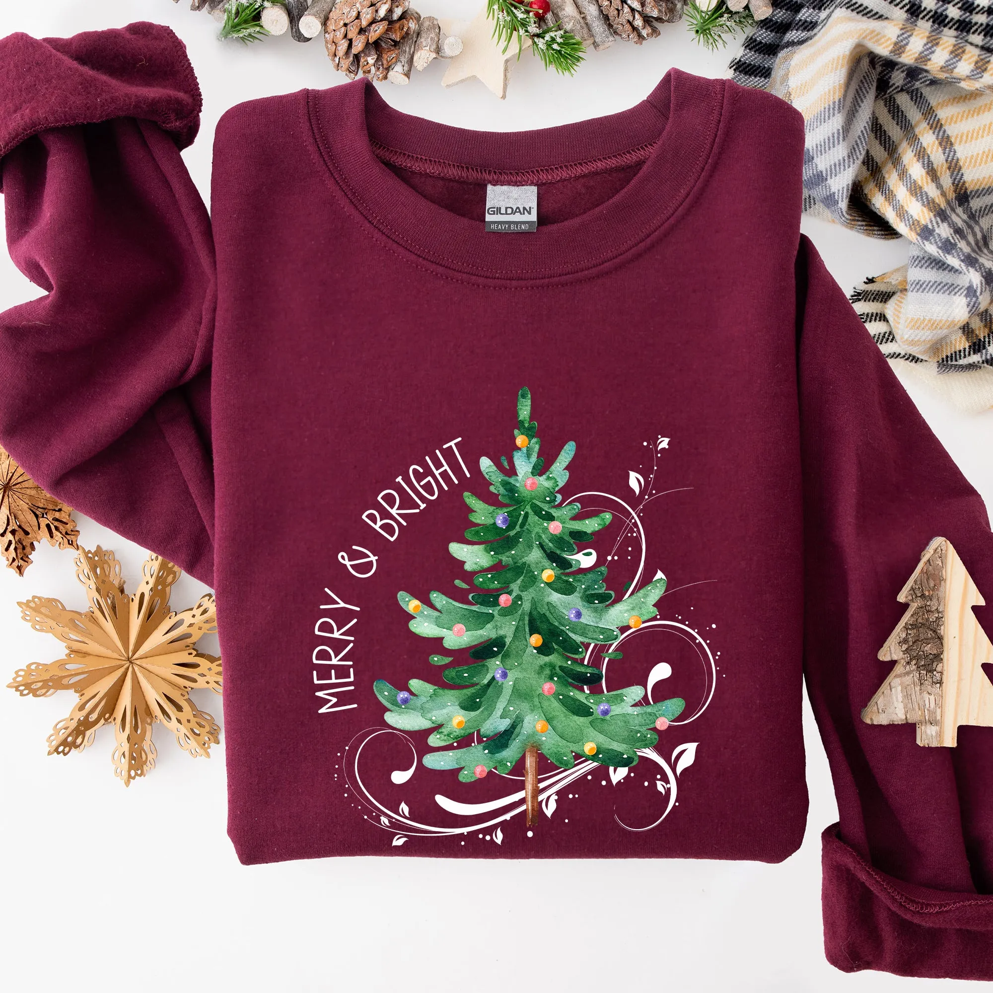 Merry and Bright, Colorful Christmas Tree, Swirls, Santa, Winter, Xmas Sweatshirt sold by Refinery Number One product image thumbnail 4