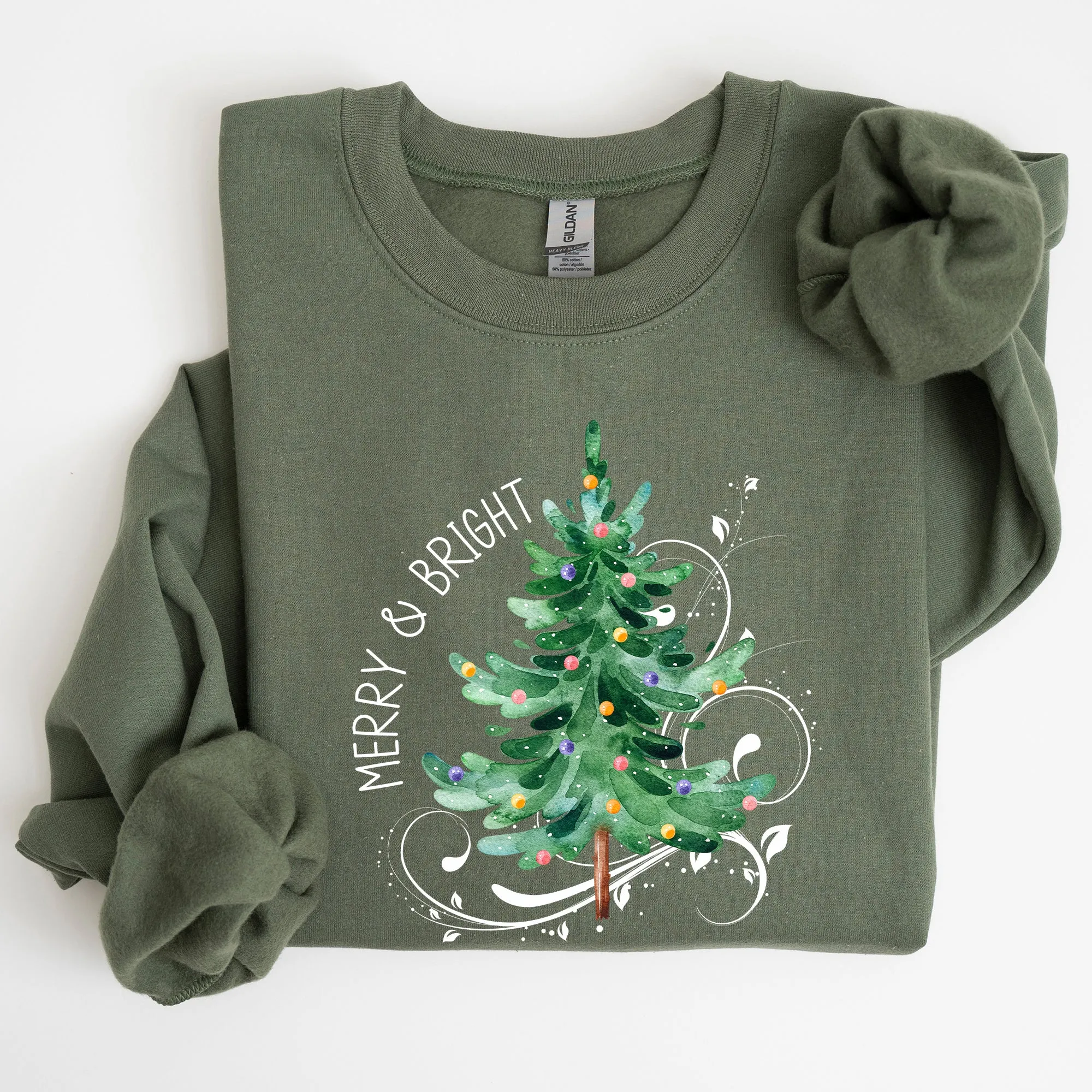 Merry and Bright, Colorful Christmas Tree, Swirls, Santa, Winter, Xmas Sweatshirt sold by Refinery Number One product image thumbnail 5