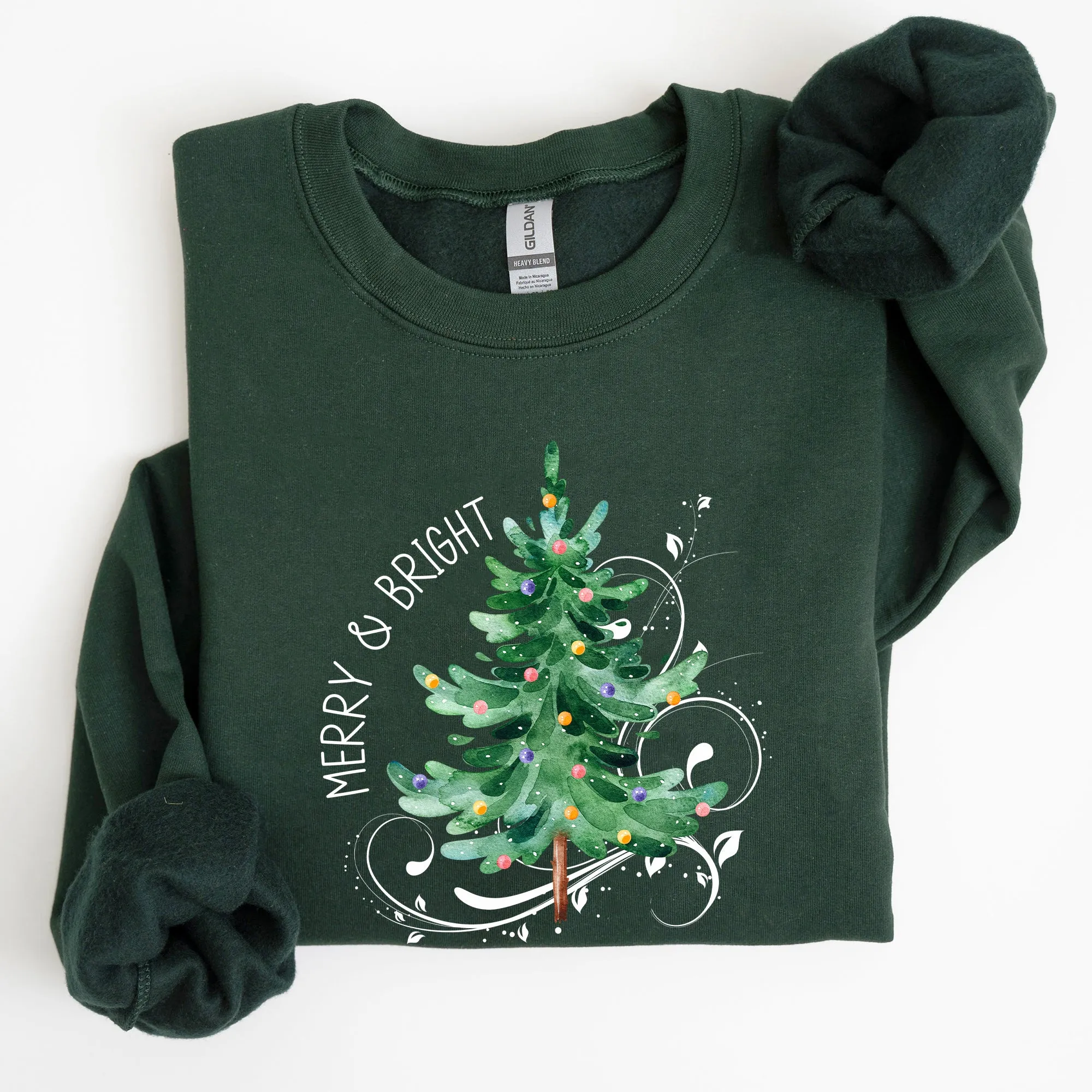 Merry and Bright, Colorful Christmas Tree, Swirls, Santa, Winter, Xmas Sweatshirt sold by Refinery Number One product image thumbnail 2