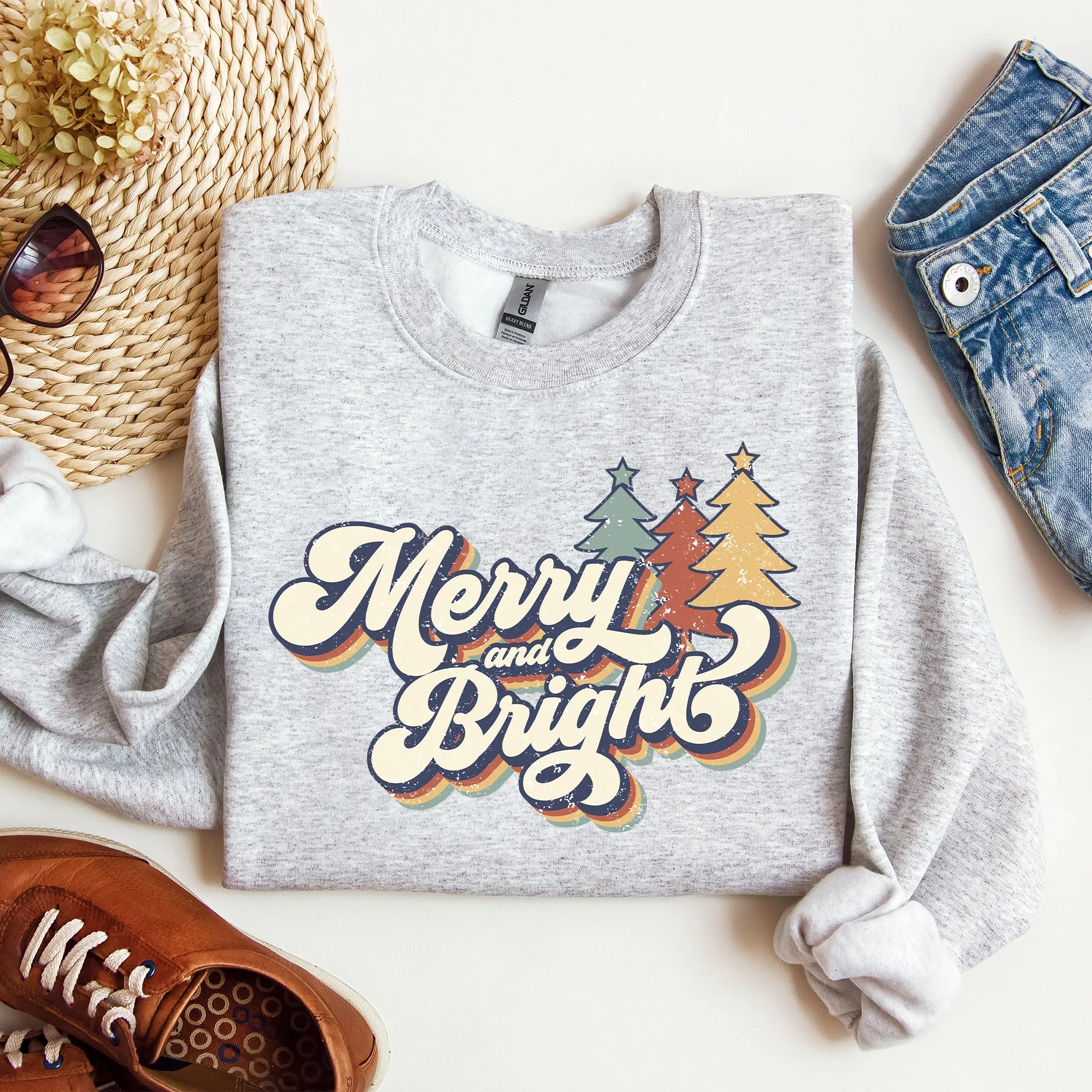 Merry and Bright, Colorful Retro, Christmas, Winter, Xmas, Santa Sweatshirt sold by Refinery Number One