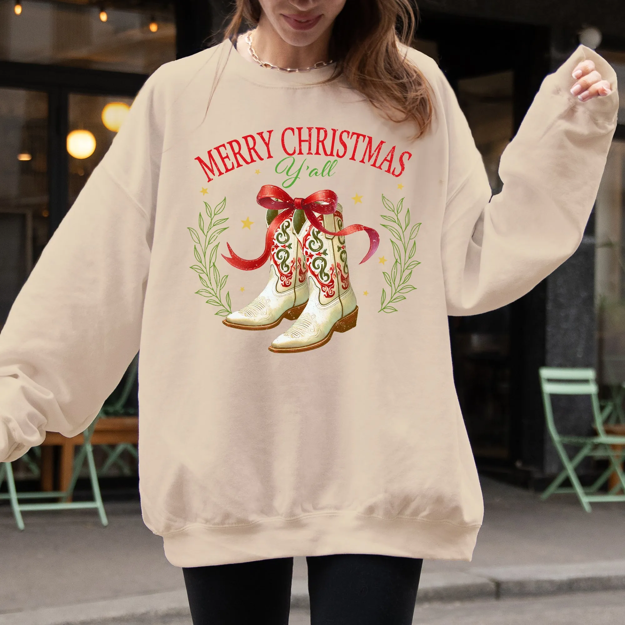 Merry Christmas Y'all, Cowboy Boots, Ribbon, Country, Western, Snow, Xmas Sweatshirt sold by Refinery Number One product image thumbnail 3