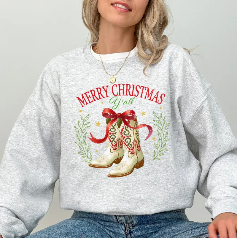 Merry Christmas Y'all, Cowboy Boots, Ribbon, Country, Western, Snow, Xmas Sweatshirt sold by Refinery Number One