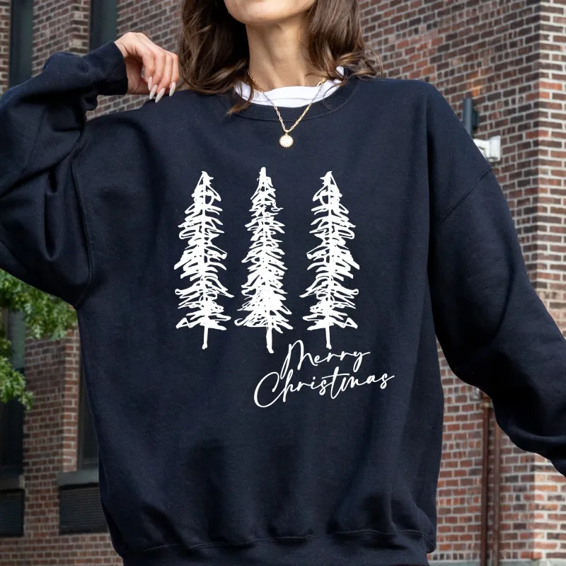 Merry Christmas, Sketched Pine Trees, Minimalist, Winter, Snow, Xmas Sweatshirt sold by Refinery Number One