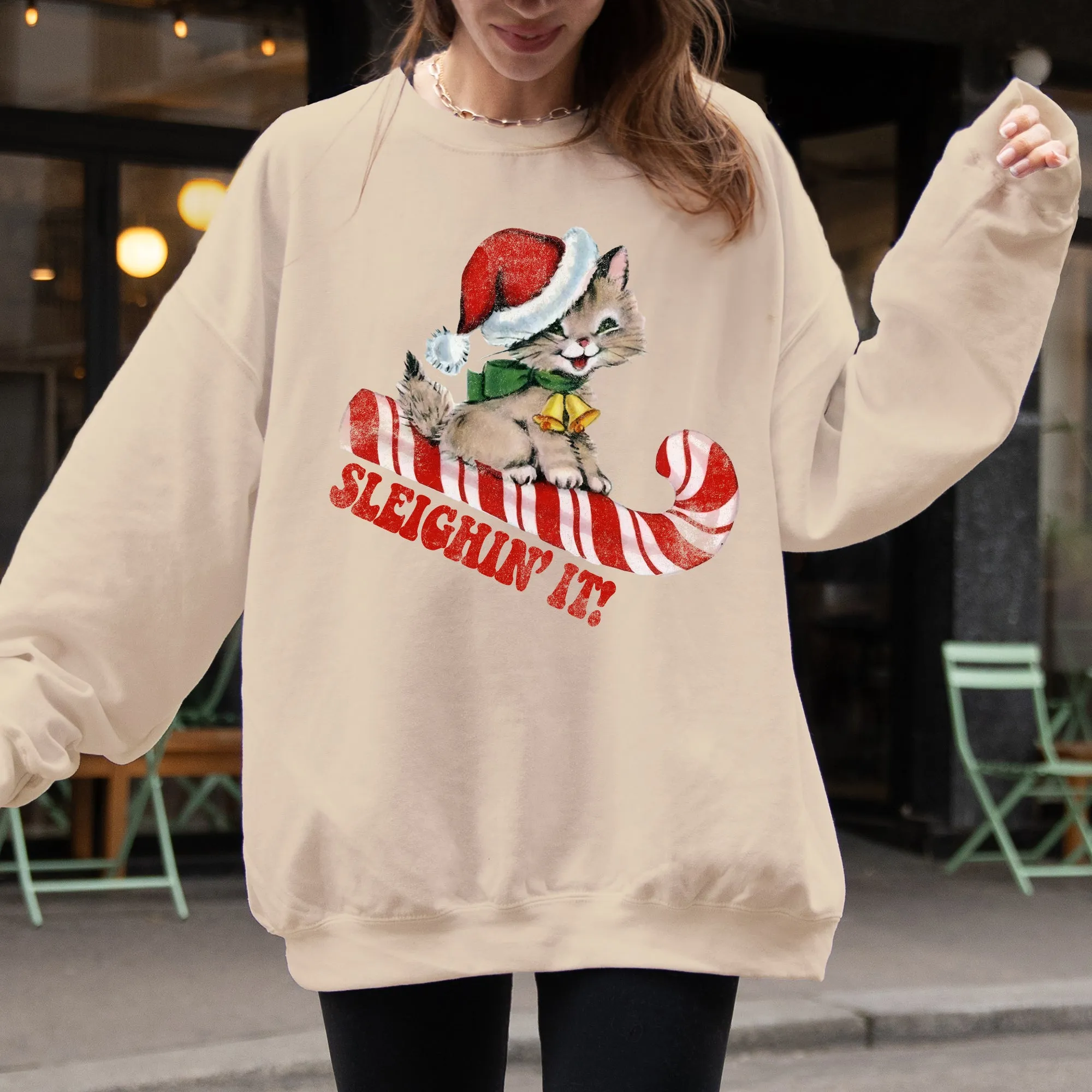 Sleighing It, Cute Kitty, Cat, Christmas, Winter, Fun, Santa, Xmas Sweatshirt sold by Refinery Number One product image thumbnail 3