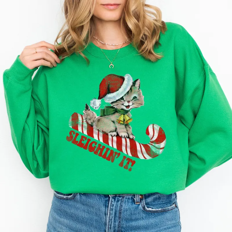Sleighing It, Cute Kitty, Cat, Christmas, Winter, Fun, Santa, Xmas Sweatshirt sold by Refinery Number One