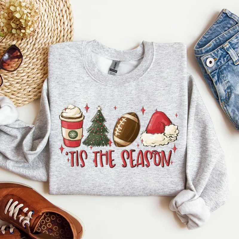 Tis The Season, Christmas, Football, Santa, Tree, Coffee, Winter, Xmas Sweatshirt sold by Refinery Number One