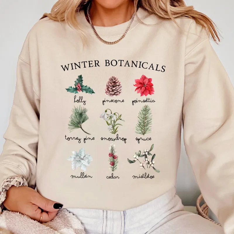 Winter Botanicals, Holly, Poinsettia, Pine Tree, Winter, Snow, Xmas Sweatshirt sold by Refinery Number One