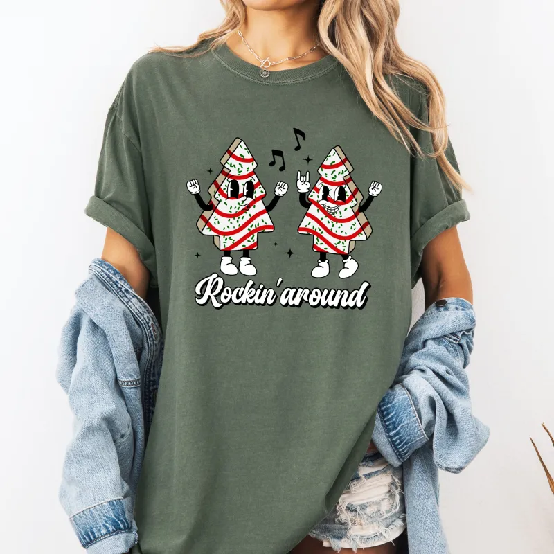 Christmas Cakes, Rockin Around, Pocket, Carols, Santa, Snow, Winter, Xmas Tshirt Comfort Colors T-Shirt sold by Refinery Number One