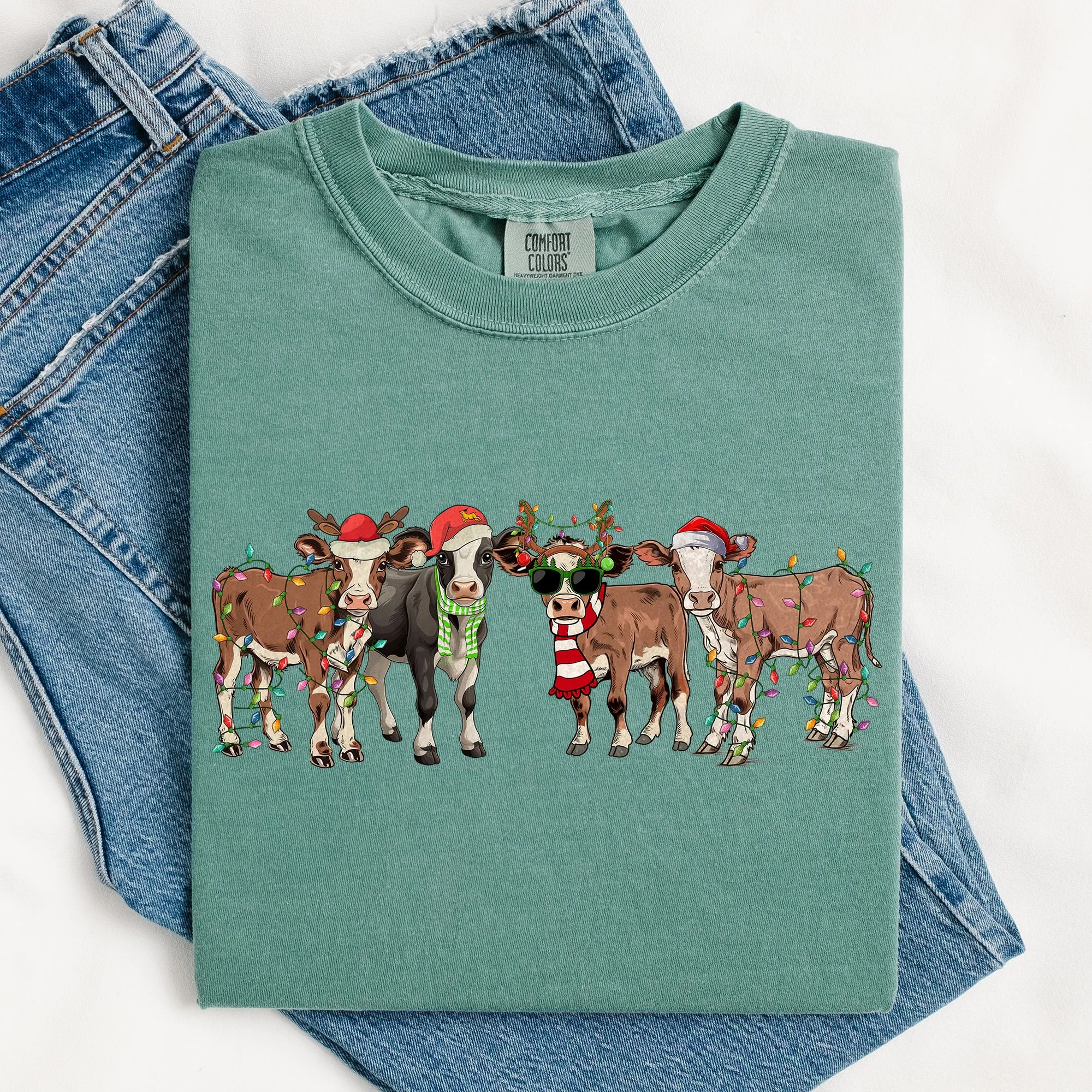 Christmas Calves, Cow Lovers, Santa, Farm Life, Winter, Snow, Xmas Tshirt Comfort Colors T-Shirt sold by Refinery Number One product image thumbnail 5