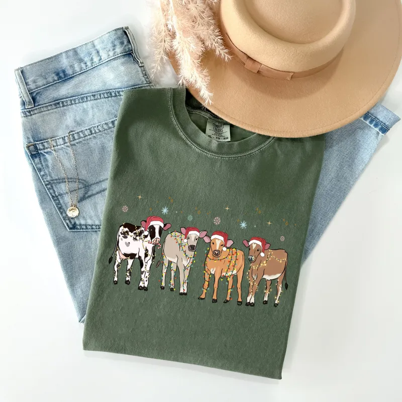 Christmas Calves, Holstein, Cow Lovers, Santa, Farm Life, Winter, Snow, Xmas Tshirt Comfort Colors T-Shirt sold by Refinery Number One